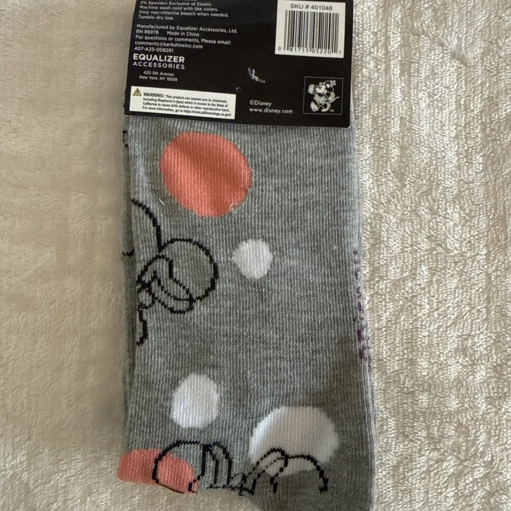 Disney Minnie Mouse Crew Socks (1 Pair) Size 9-13 New Gray & Pink